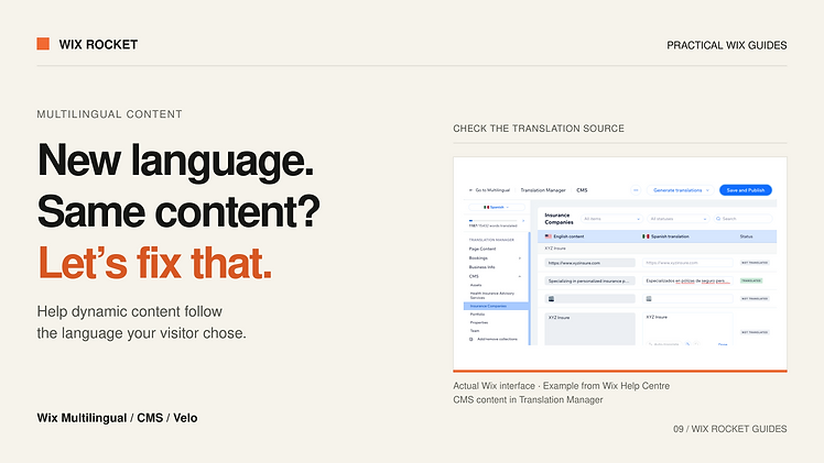 New language. Same content? Let’s fix that. Wix Multilingual / CMS / Velo. Editorial cover featuring cms content in translation manager, sourced from Wix Help Centre.