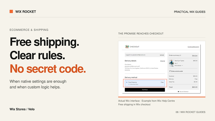 Free shipping. Clear rules. No secret code. Wix Stores / Velo. Editorial cover featuring free shipping in wix checkout, sourced from Wix Help Centre.