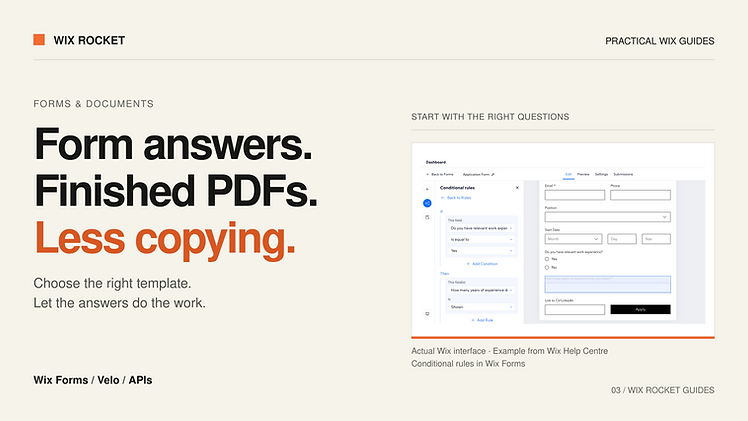 Form answers. Finished PDFs. Less copying. Wix Forms / Velo / APIs. Editorial cover featuring conditional rules in wix forms, sourced from Wix Help Centre.