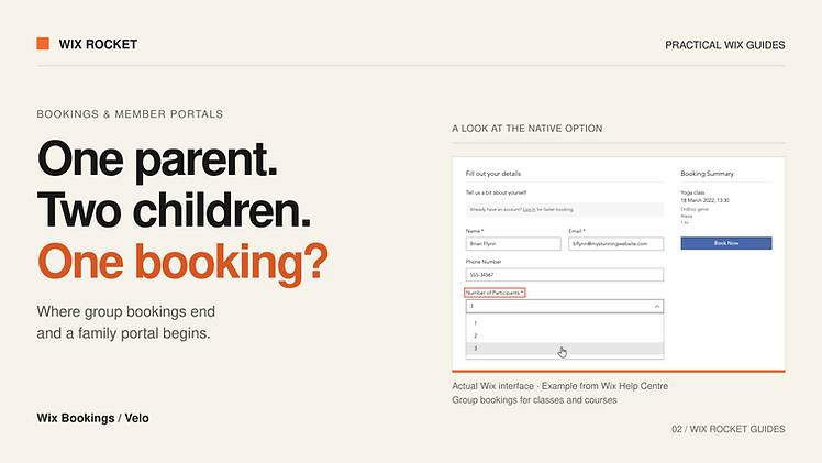 One parent. Two children. One booking? Wix Bookings / Velo. Editorial cover featuring group bookings for classes and courses, sourced from Wix Help Centre.