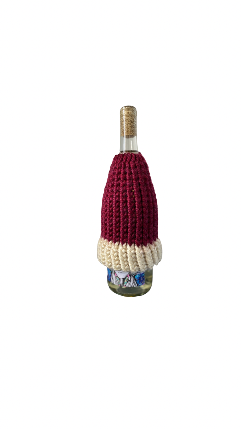 Thumbnail: Dark Red & Cream Handmade Knitted Bottle Sleeve