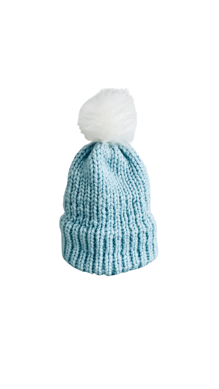 Thumbnail: Baby Blue Newborn Infant Handmade Knitted Hat with Faux Fur Pom Pom