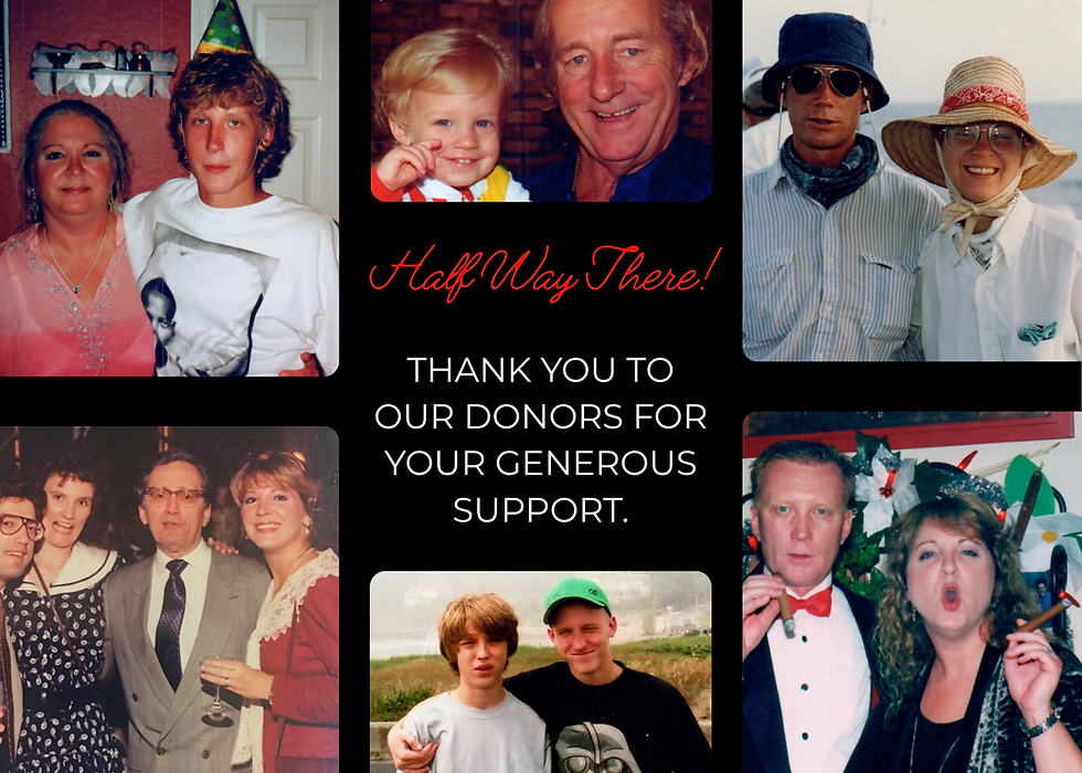 A collage featuring joyful photos of Monica and Max with friends and family with bold text reading “Half Way There” to celebrate progress toward fully endowing the Not Too Late For Me Scholarship.