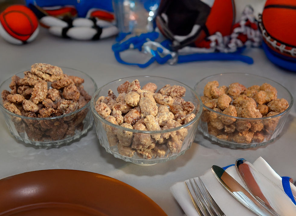 3 glass bowls showing 3 flavors of roasted Bavarian nuts