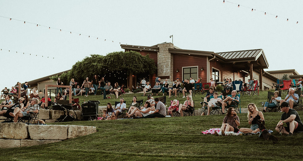 An audience sits on the grassy hill of an amphitheater.