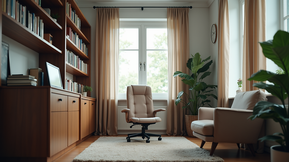 Eye-level view of psychologist’s office with a comfortable chair and a bookshelf