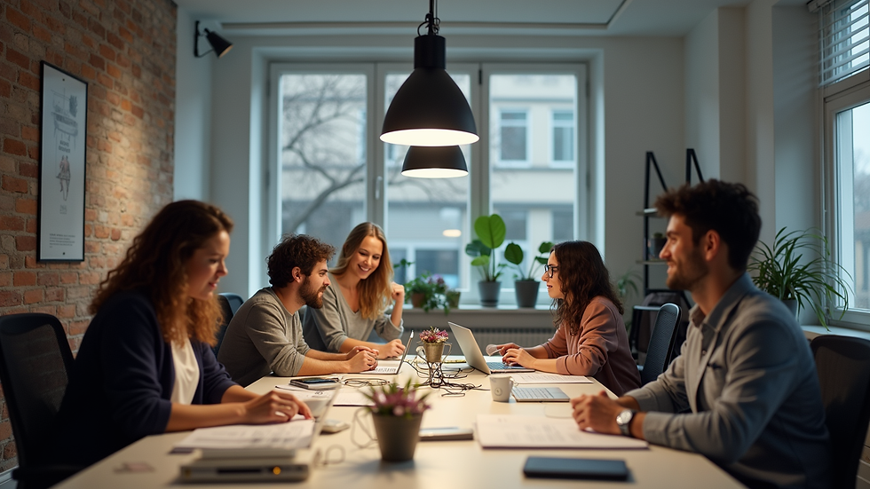 Wide angle view of a diverse team collaborating in a creative workspace