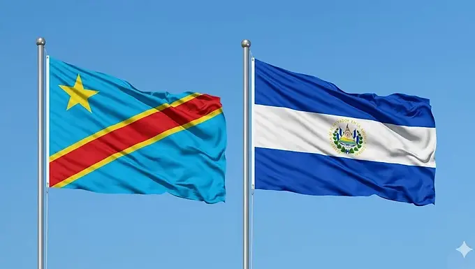 El Salvador and Democratic Republic of the Congo flags side by side under a clear blue sky, El Salvador e-Tourist visa for DRC citizens.