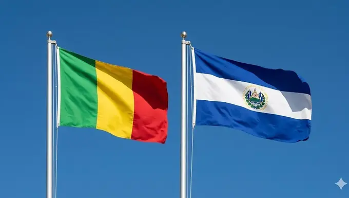 El Salvador and Mali flags side by side under a clear blue sky, El Salvador e-Tourist visa for Mali citizens.