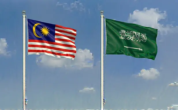 Malaysian and Saudi flags side by side against a bright blue sky for online visa application portals.