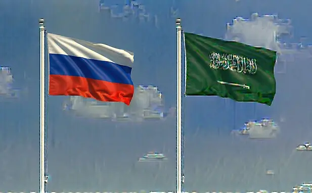 Russian and Saudi flags depicted next to each other under a clean daylight sky for tourism access.