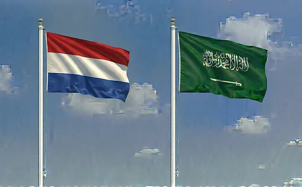 Dutch and Saudi Arabian national flags side by side under a sunny sky for e-tourist visa guides.