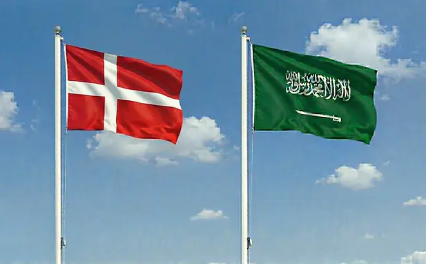 Danish and Saudi flags shown side by side under a cloudless sky, symbolizing online travel authorization.