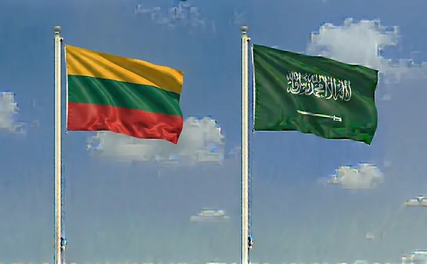 Lithuanian and Saudi Arabian flags depicted next to each other against a bright sunny sky.