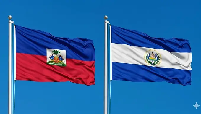 El Salvador and Haiti flags side by side under a clear blue sky, El Salvador e-Tourist visa for Haiti citizens.