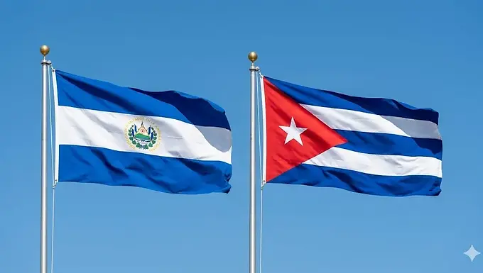 El Salvador and Cuba flags side by side under a clear blue sky, El Salvador e-Tourist visa for Cuba citizens.