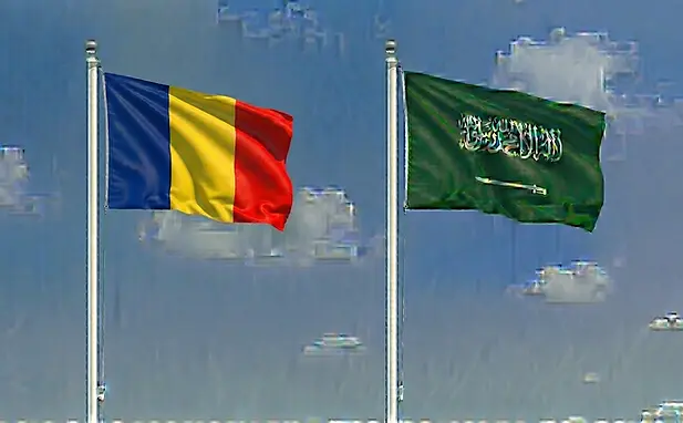 Romanian and Saudi Arabian flags flying together against a cloudless sky for e-visa processing concepts.