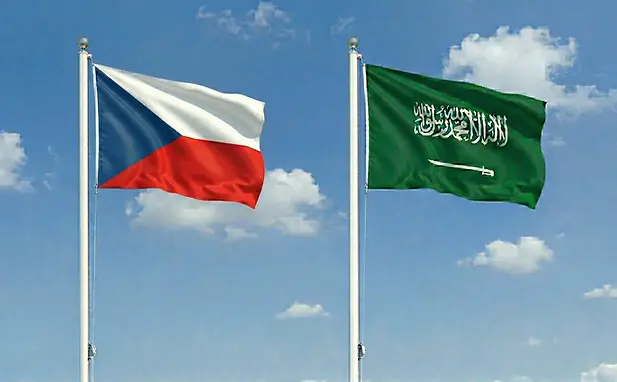 Czech Republic flag alongside the Saudi Arabian flag against a clear blue sky for tourist e-visas.