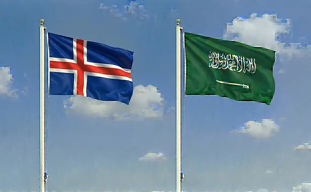 The flag of Iceland next to the Saudi flag with a clean daytime sky background for travel approval.