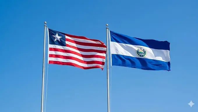 El Salvador and Liberia flags side by side under a clear blue sky, El Salvador e-Tourist visa for Liberia citizens.