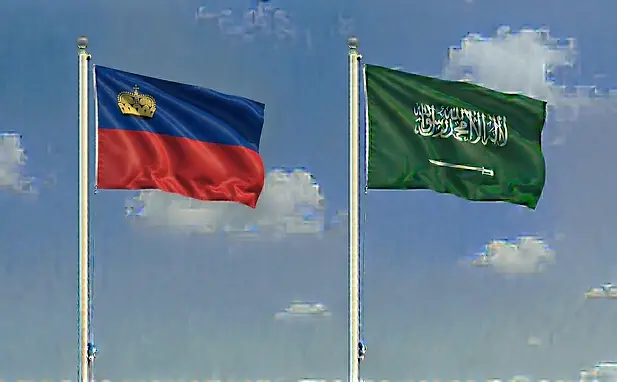Flags of Liechtenstein and Saudi Arabia shown together under a clear blue sky for visa guides.