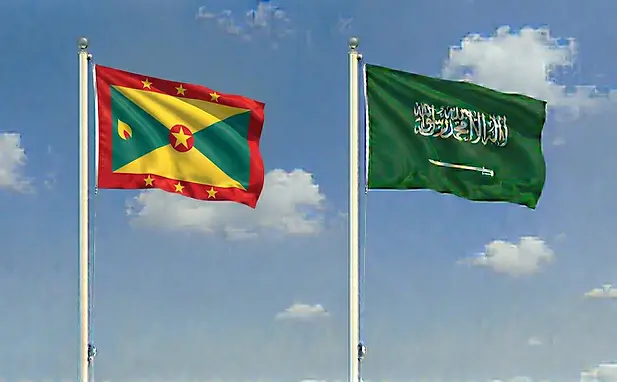 Saudi Arabia and Grenada national flags flying together under a bright cloudless sky for e-visa sites.