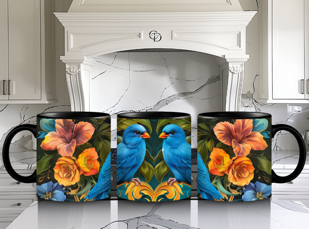 Exquisite Blue Canaries and Floral Elegance Mug - High Definition, Gold Accents