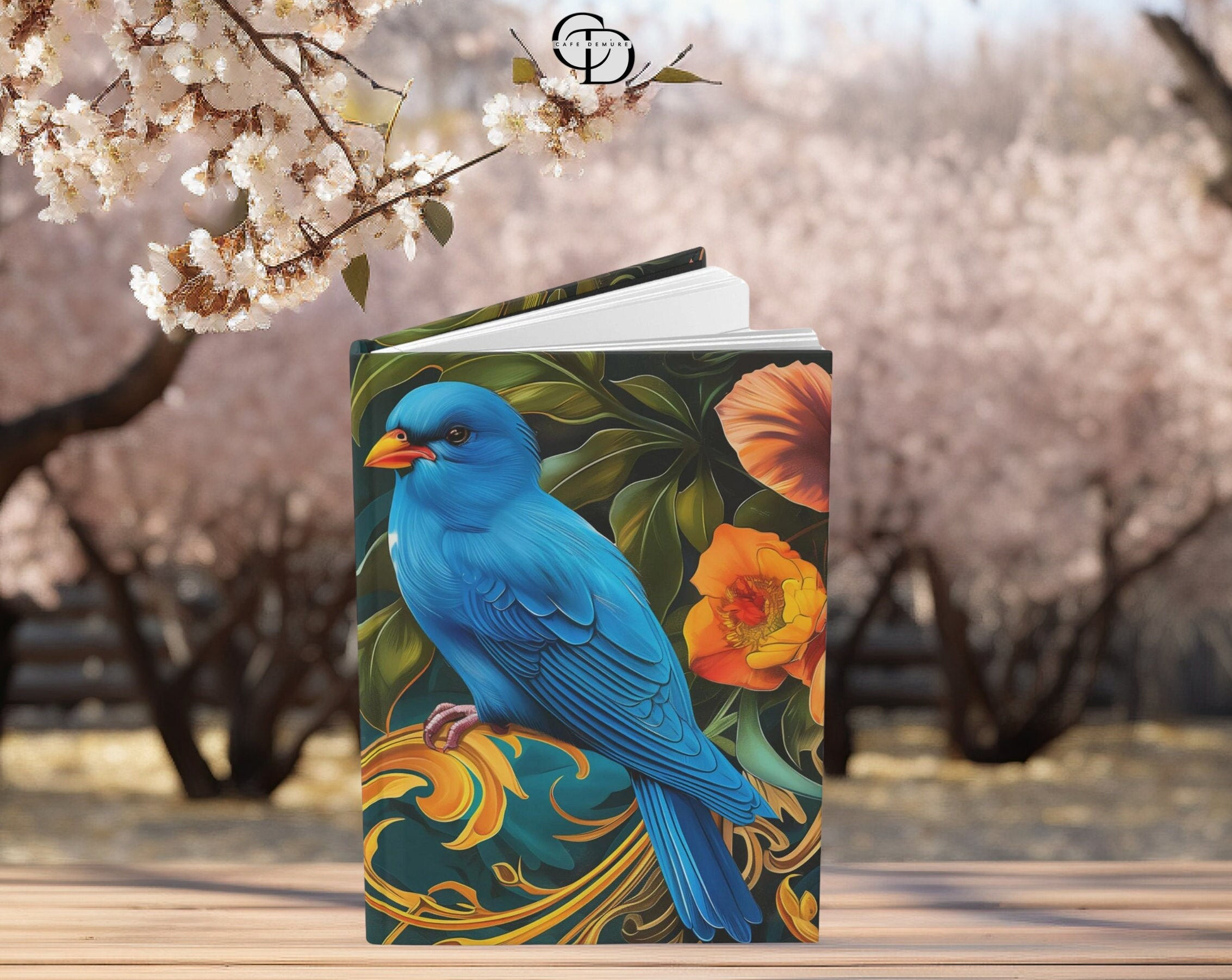 Elegant Blue Canaries & Floral Gold Border Journal - Hardcover Blank