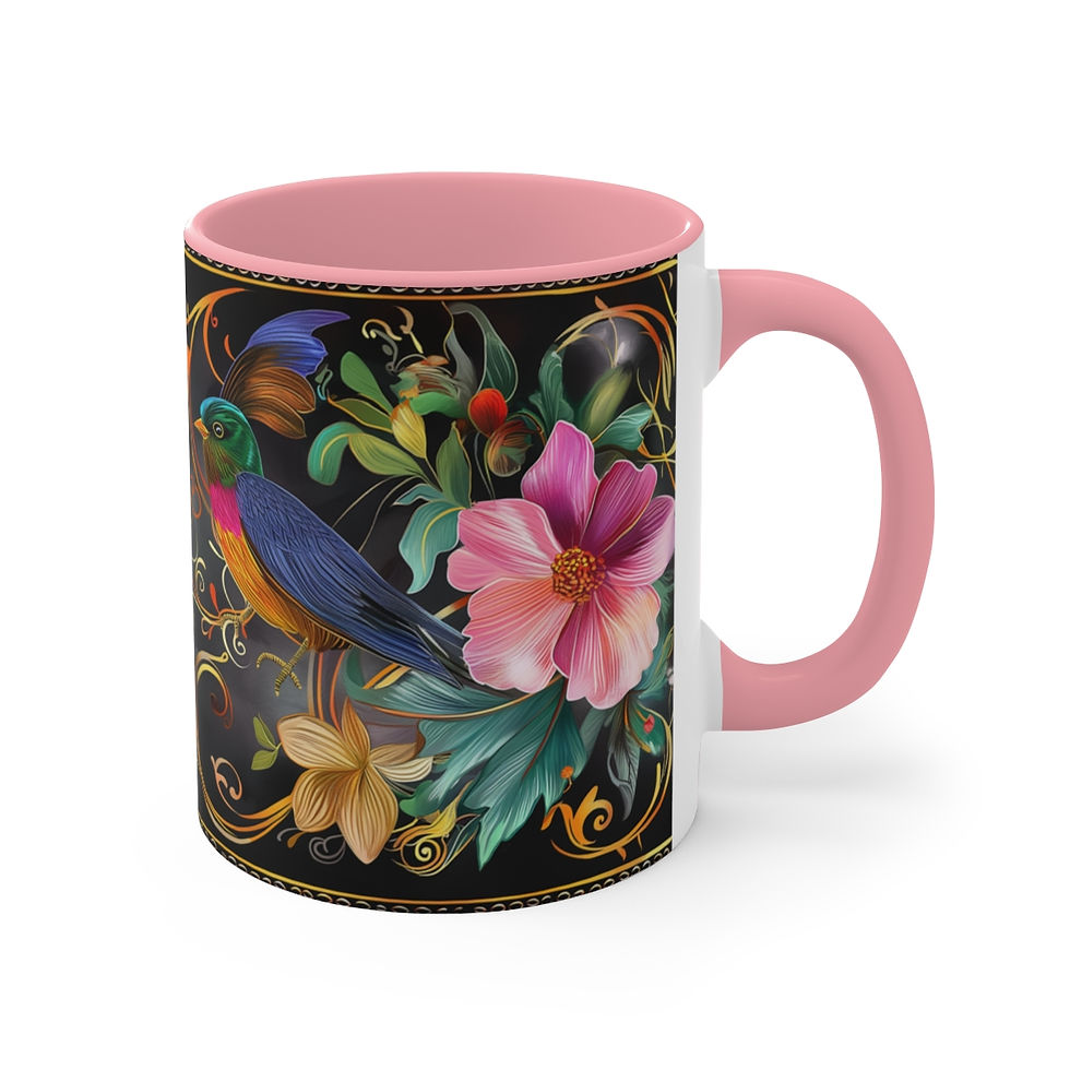 Thumbnail: Vibrant Symphony: Colorful Birds & Flowers Coffee Mug with Gold Swirling Border