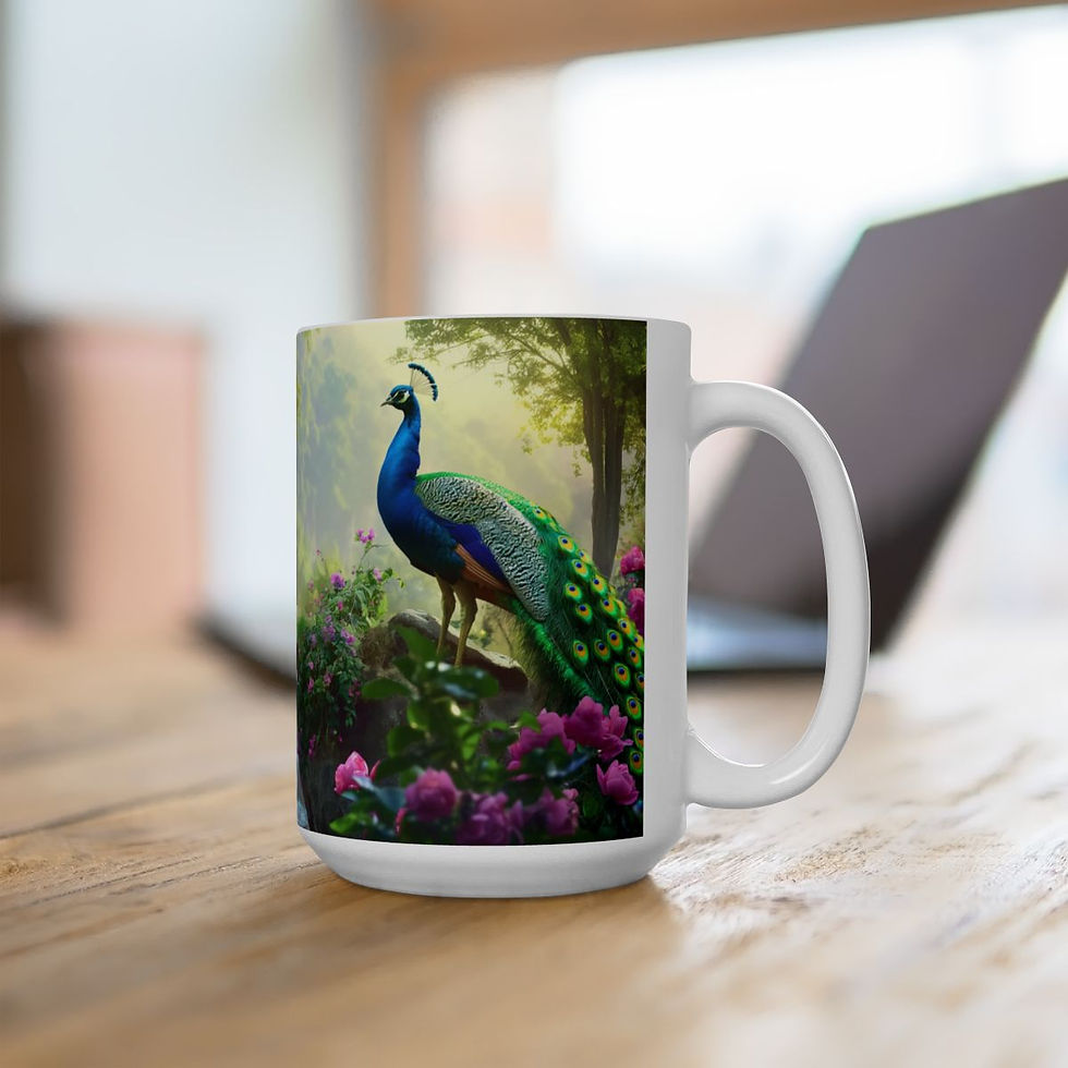 Thumbnail: Enchanting Peacock Paradise: Coffee Mug with Stunning Forest Waterfall Scene