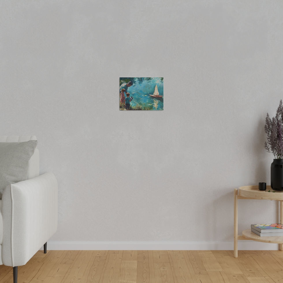 Thumbnail: Father's Day Pond Scene Canvas - Dad with Kids Remote Control Sailboat
