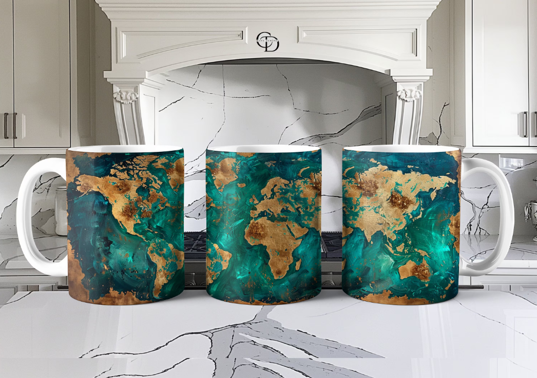Global Elegance: Gold Green Blue World Map Coffee Mug -, (11oz, 15oz)