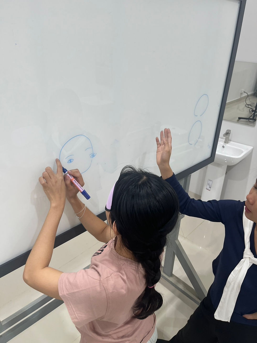 アイマスクをした人に指示をして似顔絵を描かせてます♪