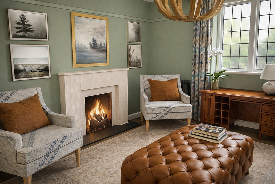 An image of a Living Room with a fireplace and leather ottoman and  2 armchairs. Bailey&Co Interr Design Bristol