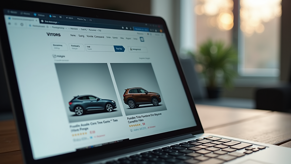 Close-up view of a laptop screen showing car listings on a selling platform