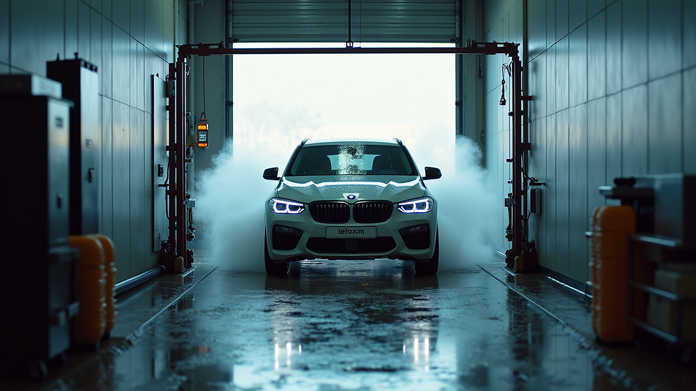High angle view of a vehicle being detailed at a car wash
