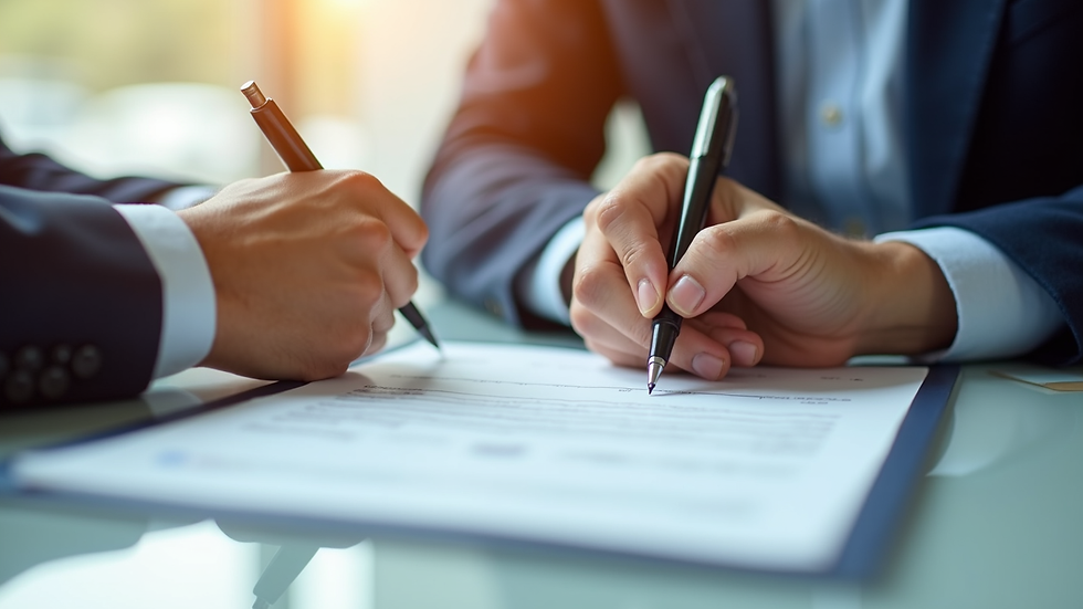 Close-up view of hands signing car sale documents