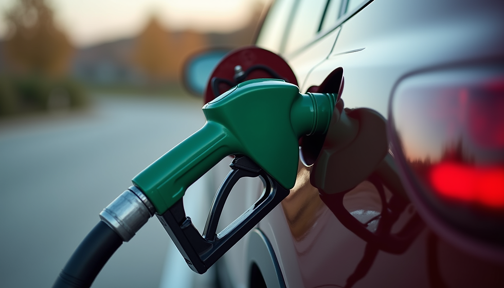 Eye-level view of a car parked beside a fuel pump in a quiet UK forecourt