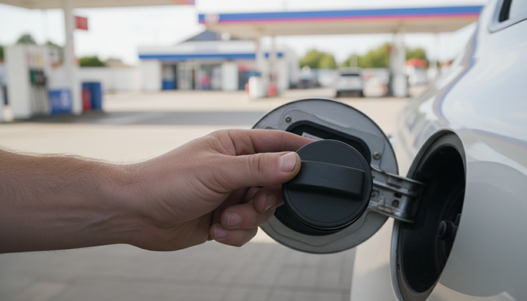Close-up view of a hand holding a diesel fuel cap beside an unbranded car