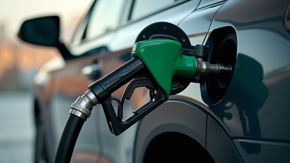 Close-up view of a car fuel filler with a petrol nozzle inserted