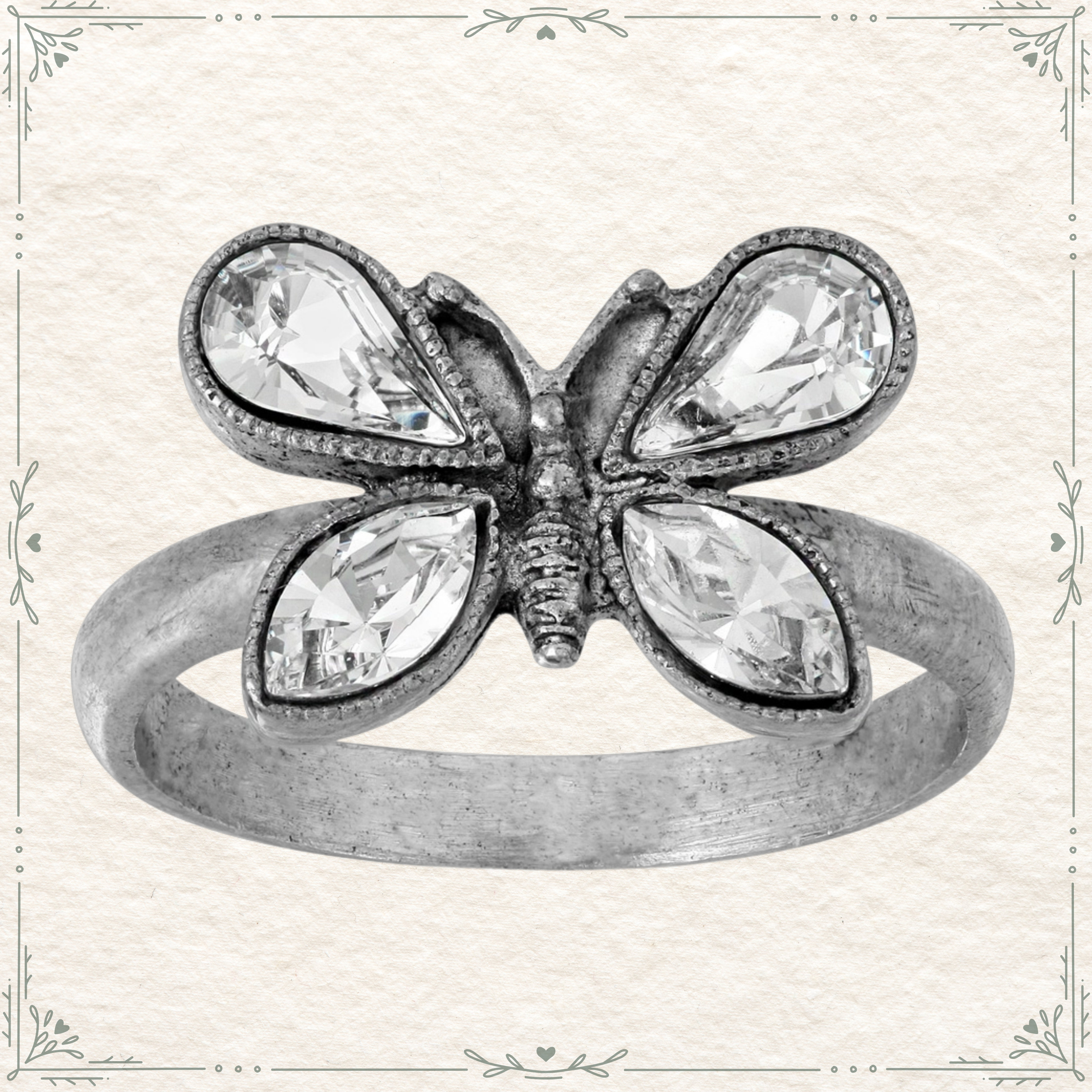 1928 Pewter Crystal Butterfly Ring (Size 7)