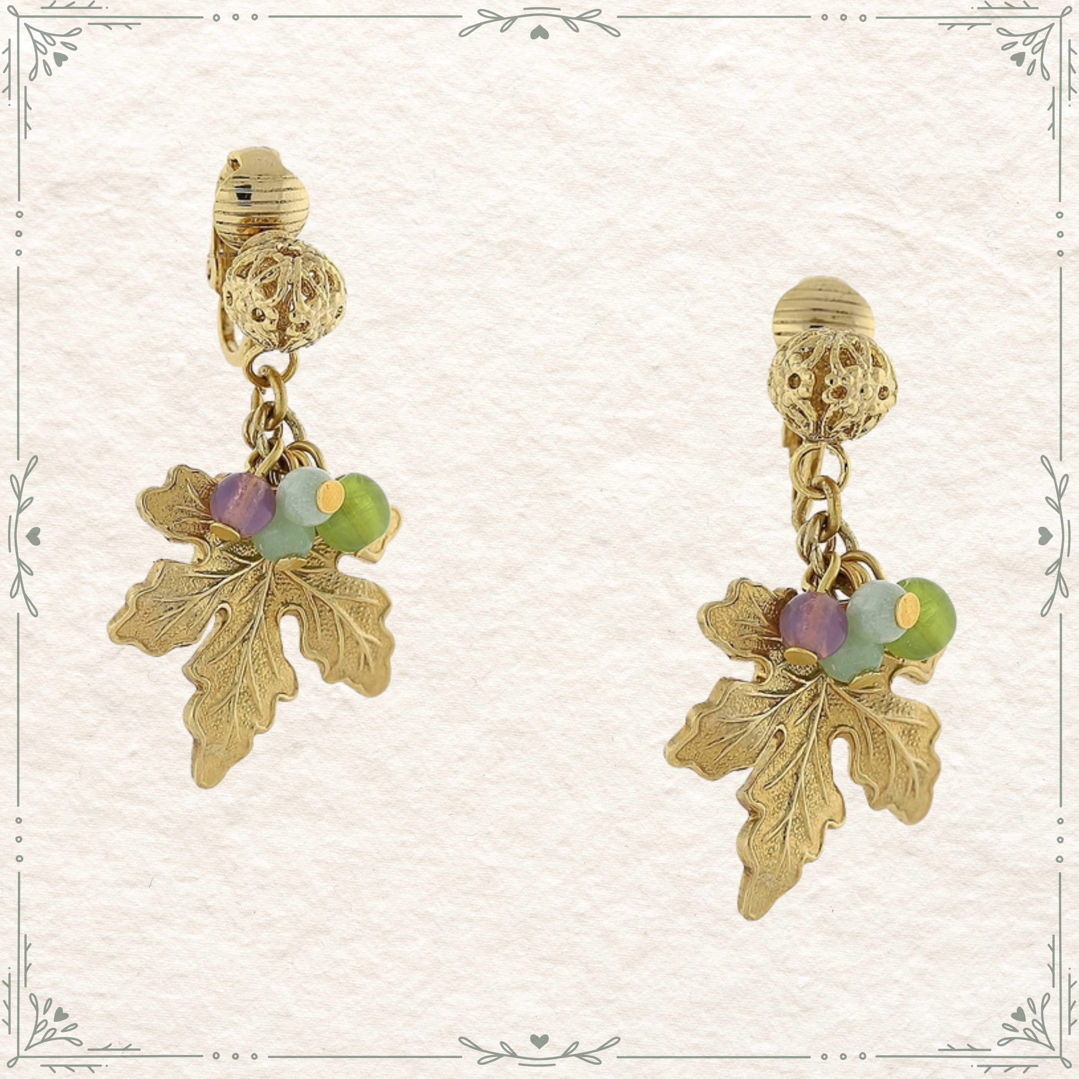 1928 Multi-Color Beaded Grape Leaf Clip On Earrings