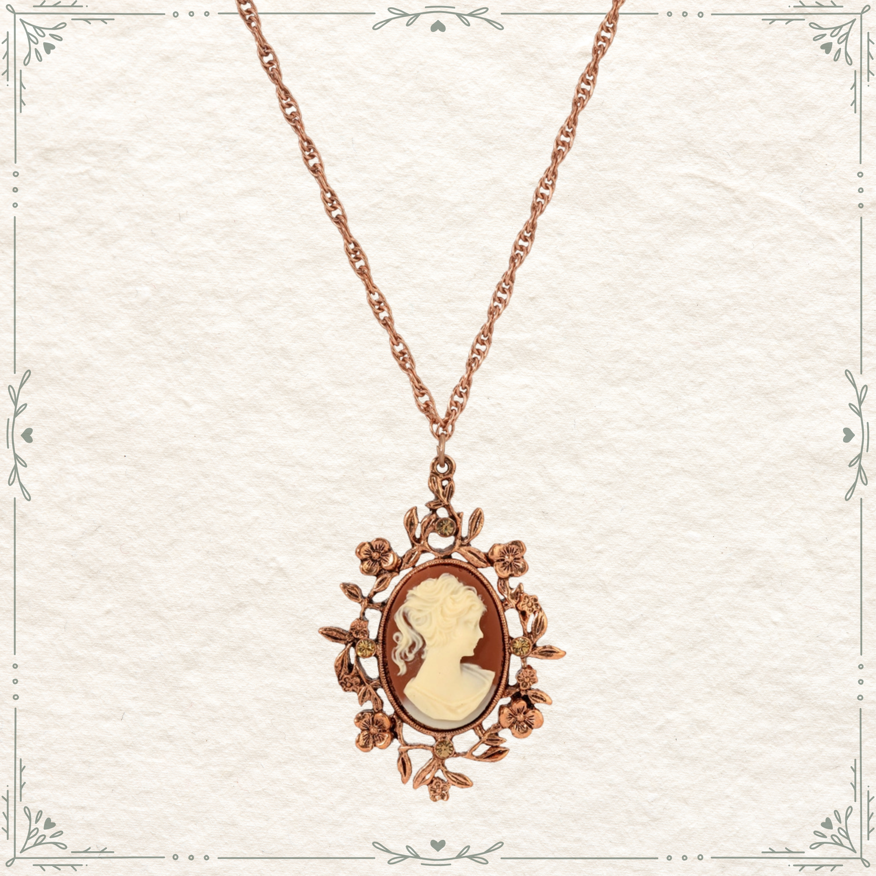 1928 Yellow Topaz Crystal Carnelian Copper Cameo Floral Pendant Necklace