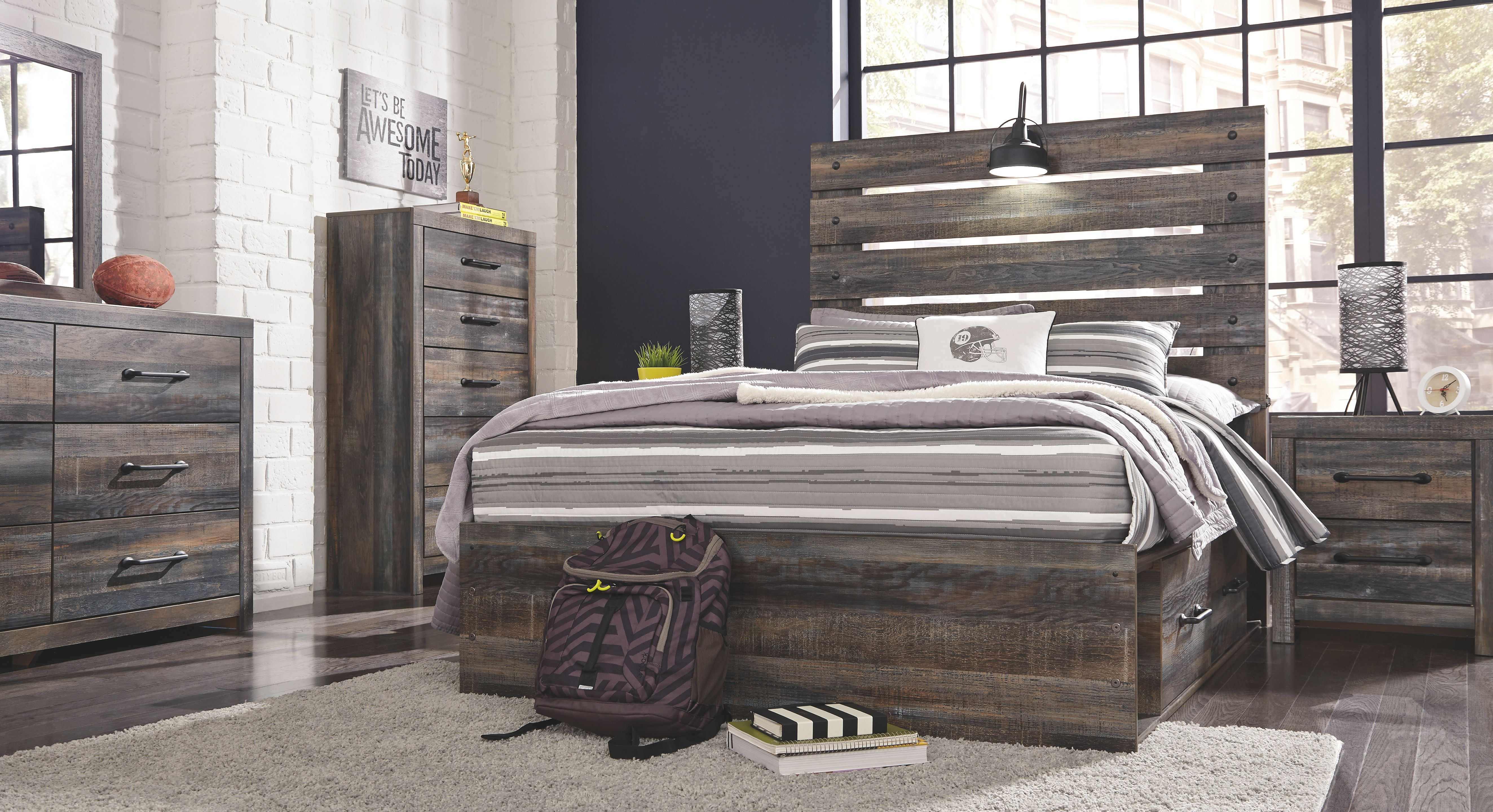 Drystan - Multi - 6 Pc. - Dresser, Mirror, Full Panel Bed with 2 Side Drawers