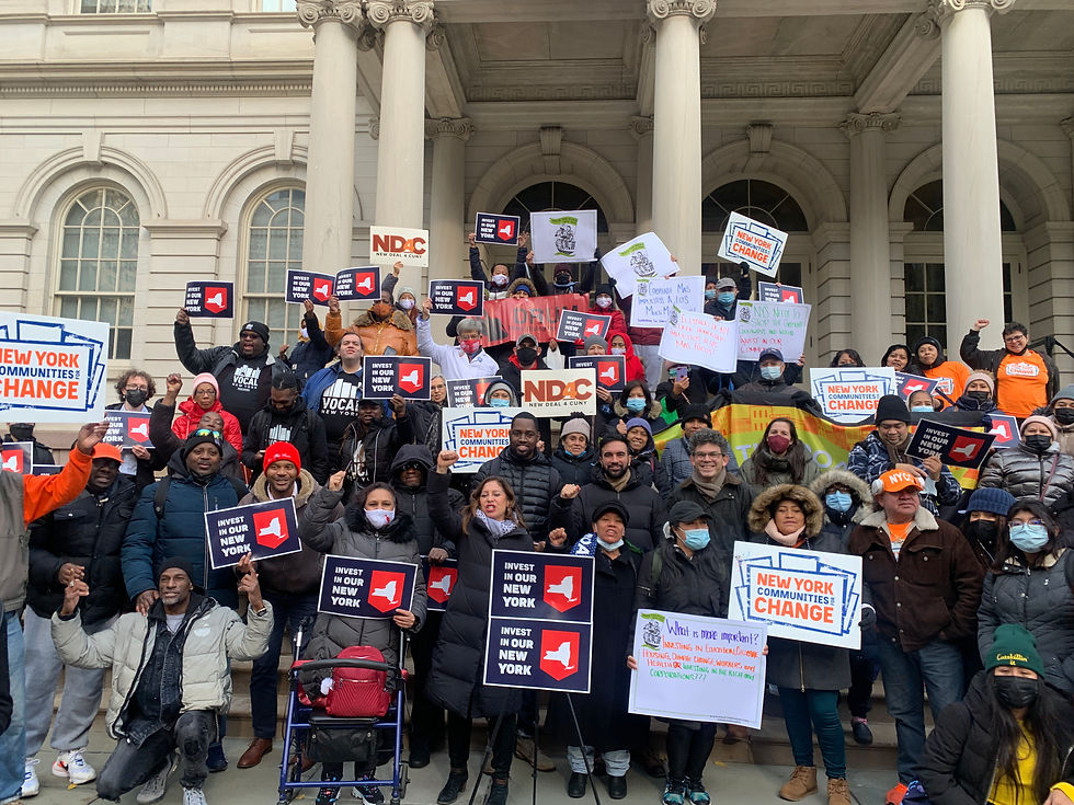 A crowded photo of demonstrators who are part of the Invest In New York Coalition.