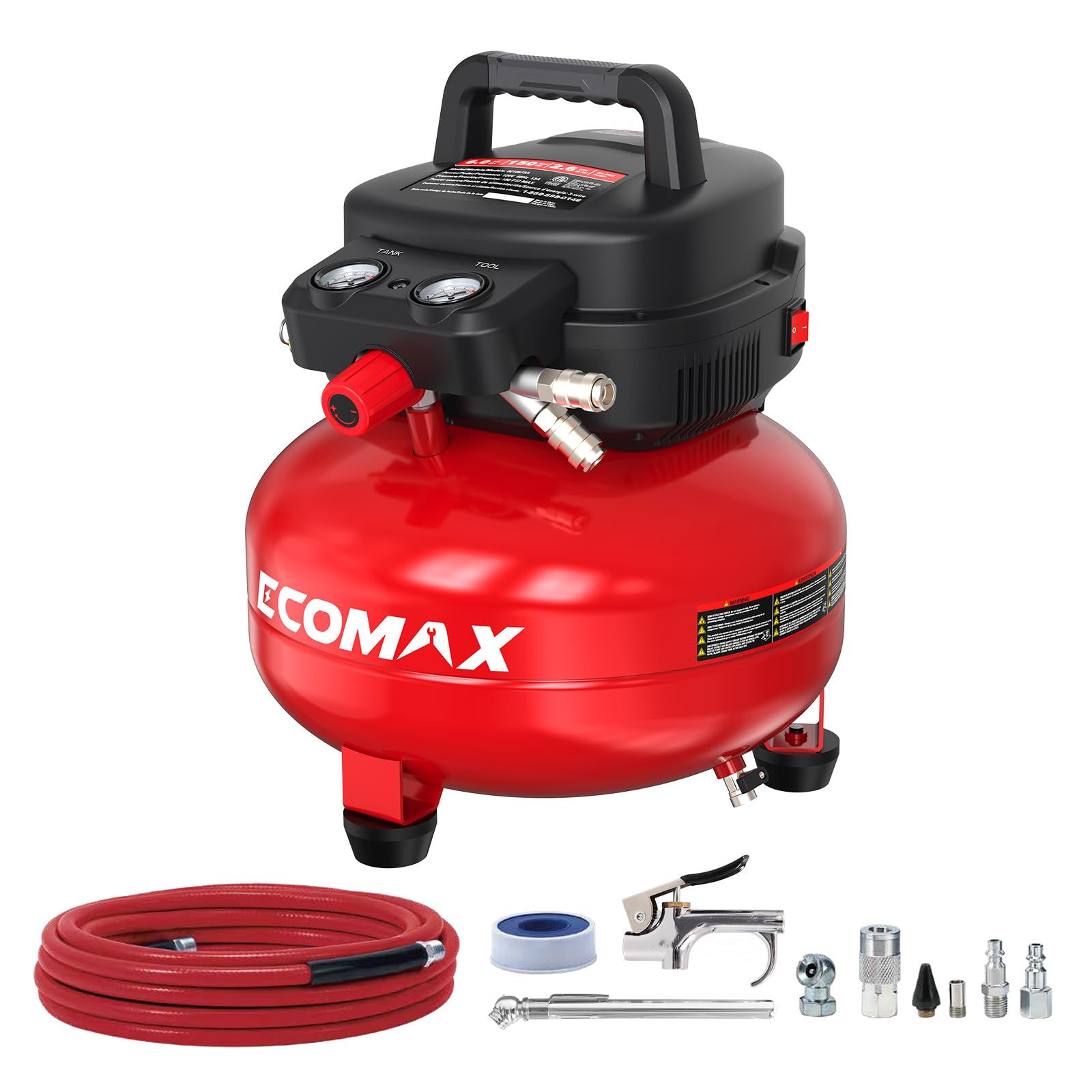 ECOMAX Air Compressor 6 Gallon 150 PSI Pancake Portable Oil-free Tank with 10 PC