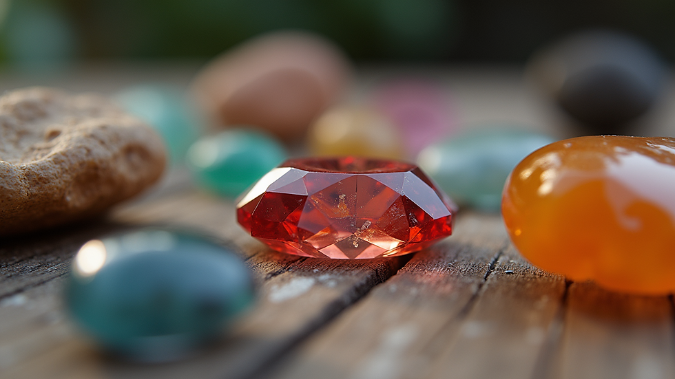 Close-up view of a selection of natural gemstones on display