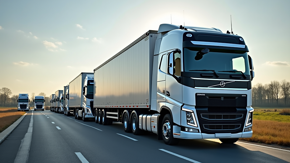 Wide angle view of LoadTrans Logistics fleet of trucks parked ready for delivery