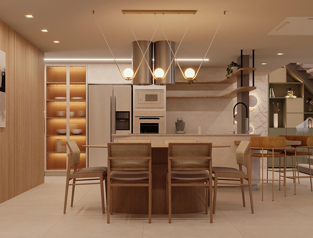 Sala de estar integrada com marcenaria planejada, iluminação aconchegante e arquitetura de interiores residencial.