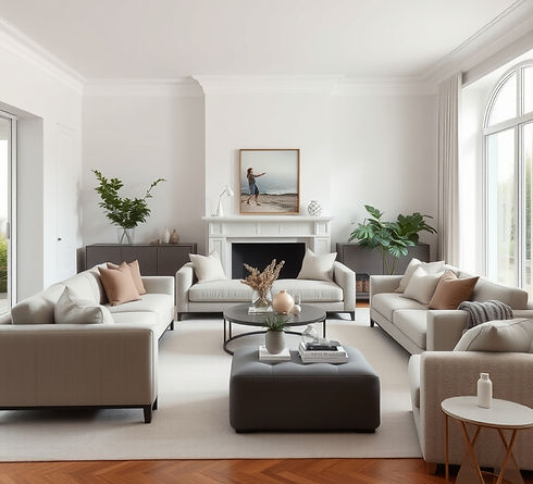 Elegant living room in soft white but not too much white, light gray, muted taupe, dusty m